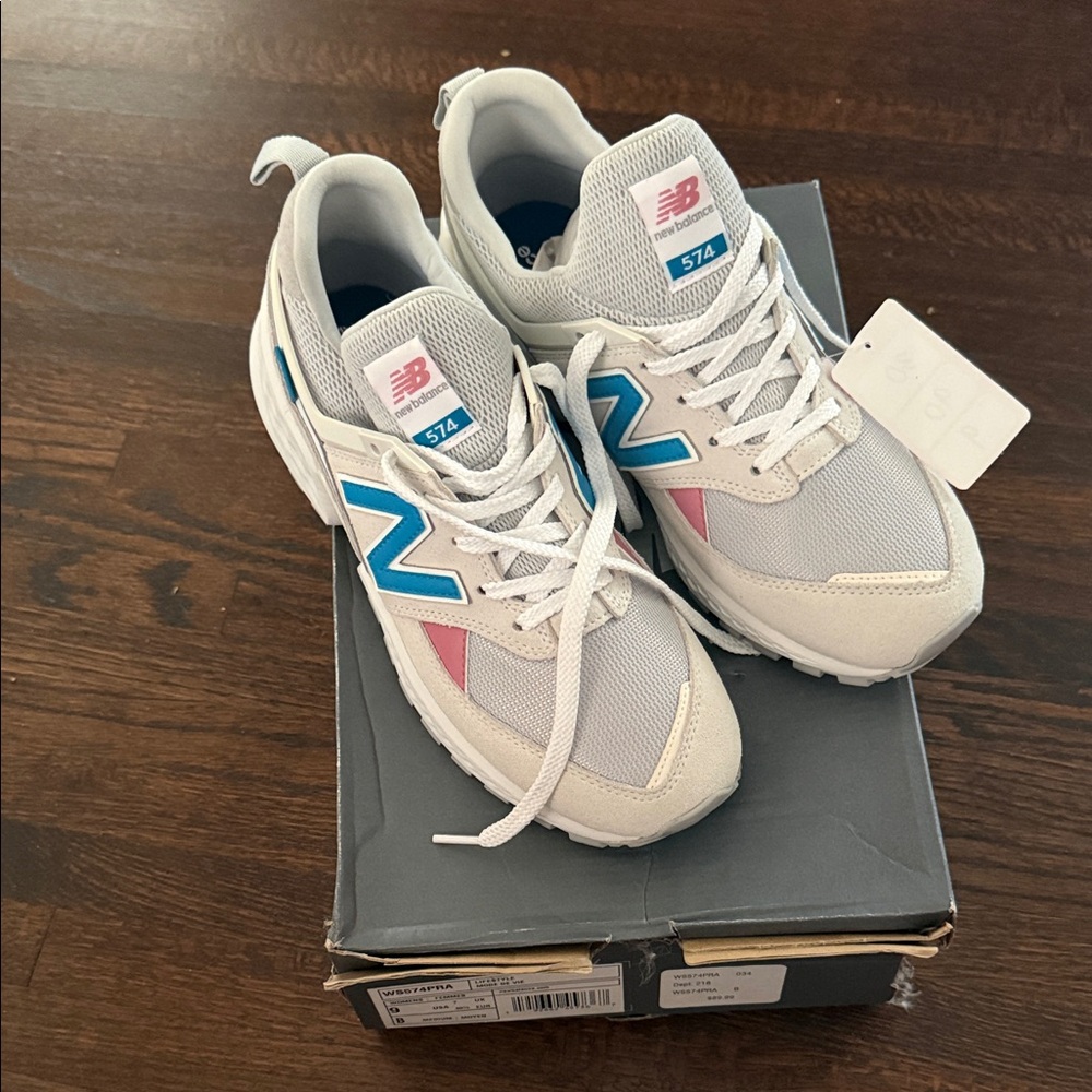 New Balance 574 Grey Sneakers with Blue & Pink Accents